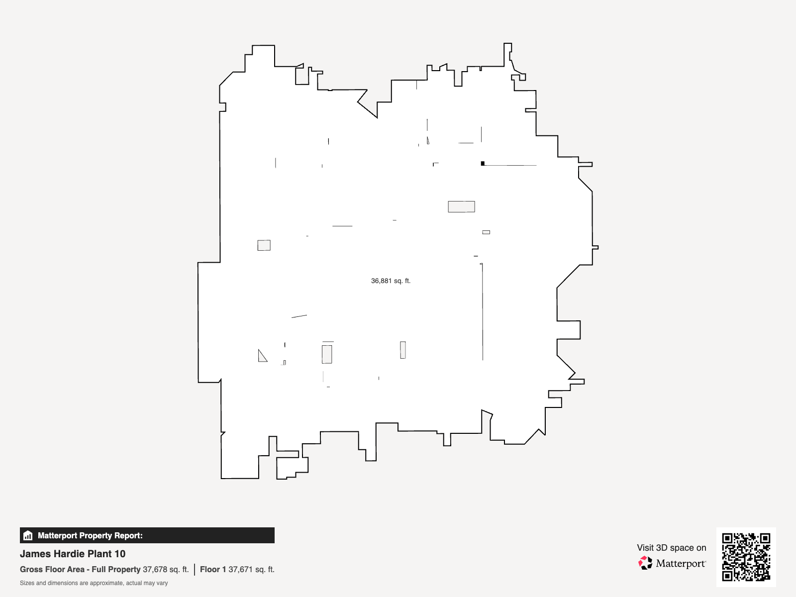 Floor 1 plan of James Hardie Plant 10 (37,671 sq. ft.) produced from the Matterport 3D laser scan, showing the process-floor footprint, structural grid, and wall locations.