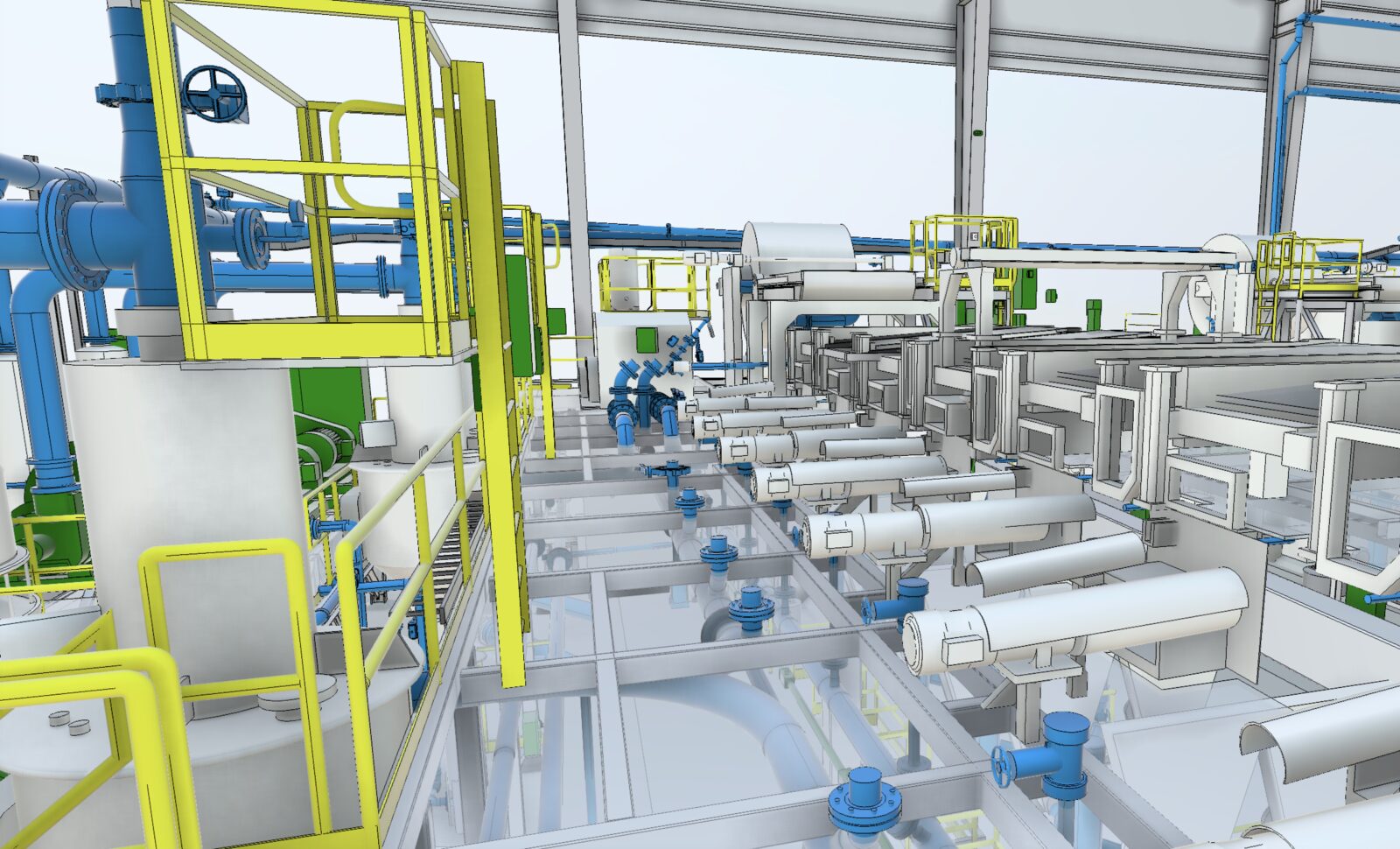 LOD 400 model render of the James Hardie Plant 10 process area with yellow guardrails, heat exchangers, and routed piping captured as existing conditions.