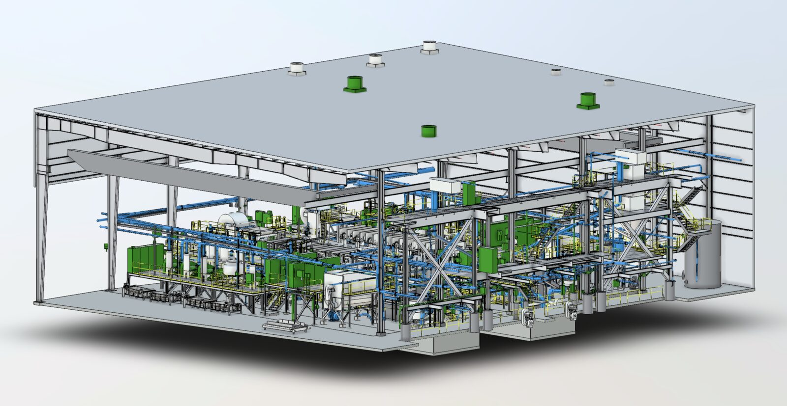 Federated LOD 400 Revit model render of the full James Hardie Plant 10 building shown as a cutaway, exposing the structural steel framing, overhead pipe racks, and process equipment across the entire floor.