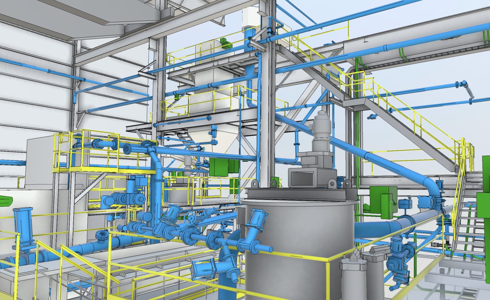 Close-up LOD 400 model render of a process vessel at James Hardie Plant 10, detailing the connected blue piping, valves, and supporting steel as captured from the point cloud.