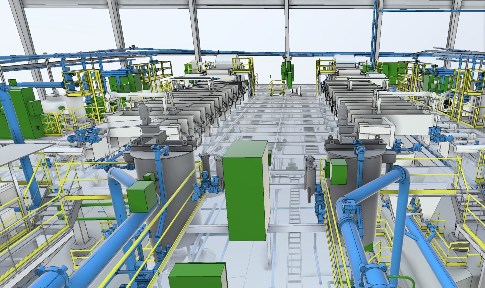 Wide LOD 400 model render down the James Hardie Plant 10 process floor, showing the rows of tanks, equipment, and overhead piping reconstructed from the 3D laser scan.