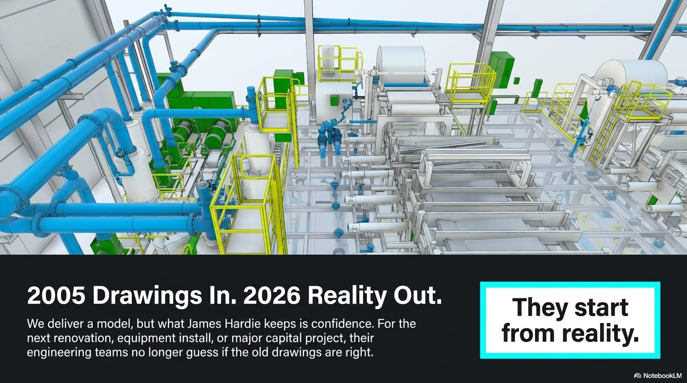 2005 drawings in, 2026 reality out — the as-captured model so engineering teams no longer guess where old drawings are right; they start from reality.