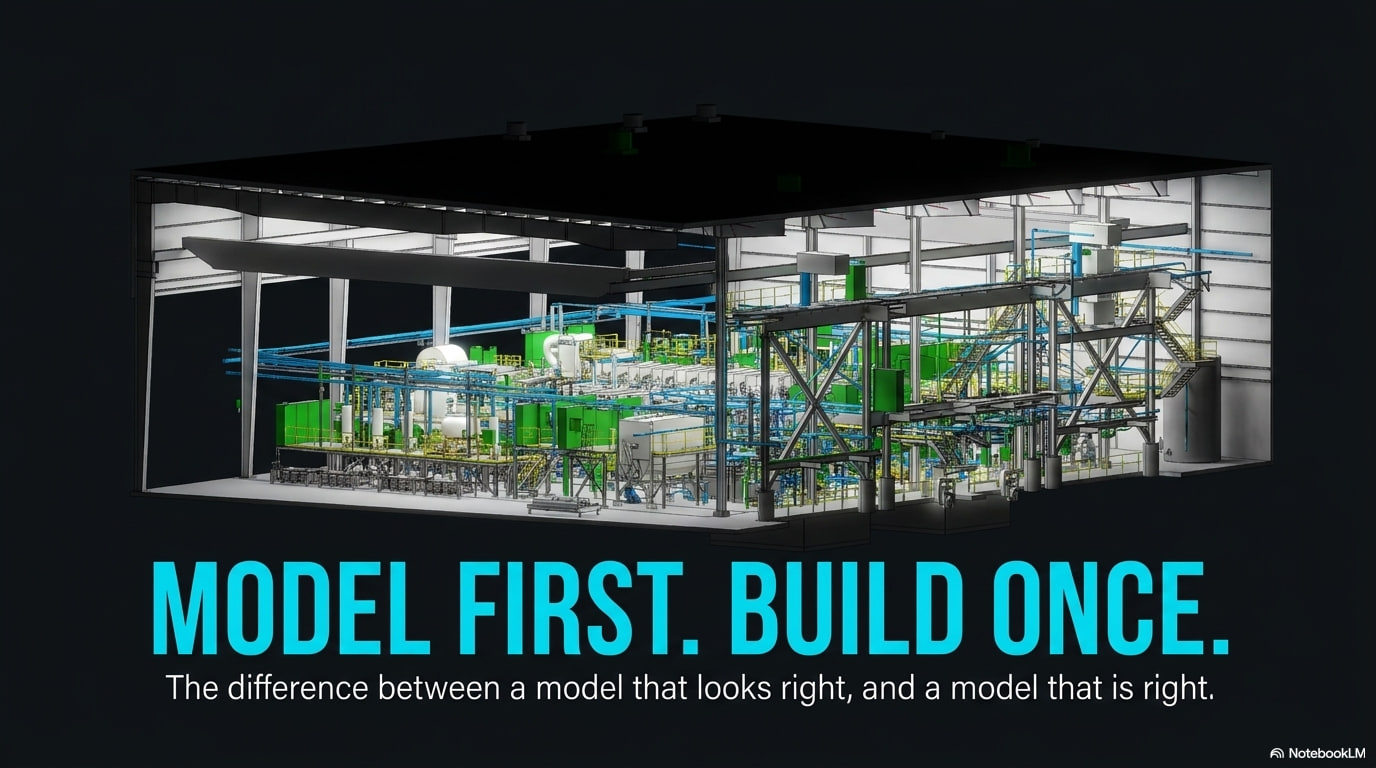 Model first, build once — a rendered 3D model of the plant illustrating the difference between a model that looks right and a model that is right.
