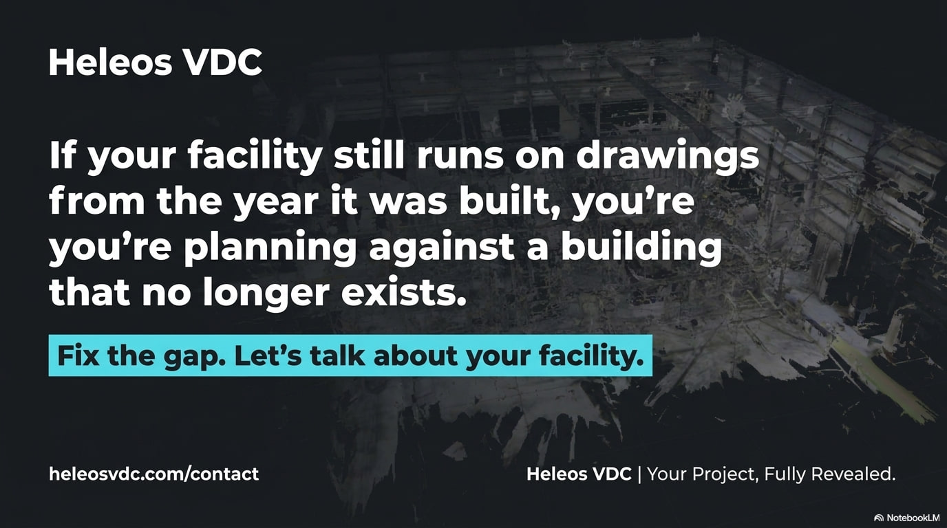 Heleos VDC closing slide — if your facility still runs on drawings from the year it was built, you're planning against a building that no longer exists. Fix the gap.