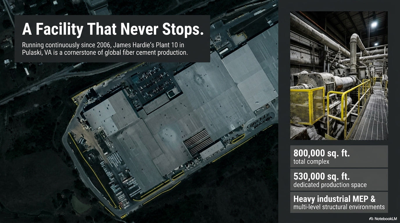 A facility that never stops — aerial view of James Hardie Plant 10 in Pulaski, VA, with 40,000 sq. ft. total complex and 530,000 sq. ft. of dedicated production space.