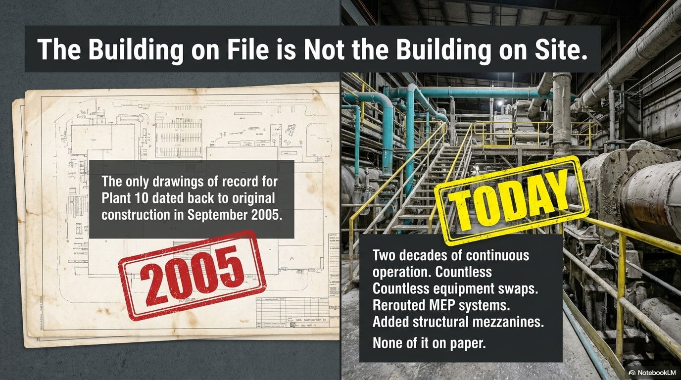 The building on file is not the building on site — the only drawings of record dated to original construction in 2005 versus twenty years of undocumented field changes today.