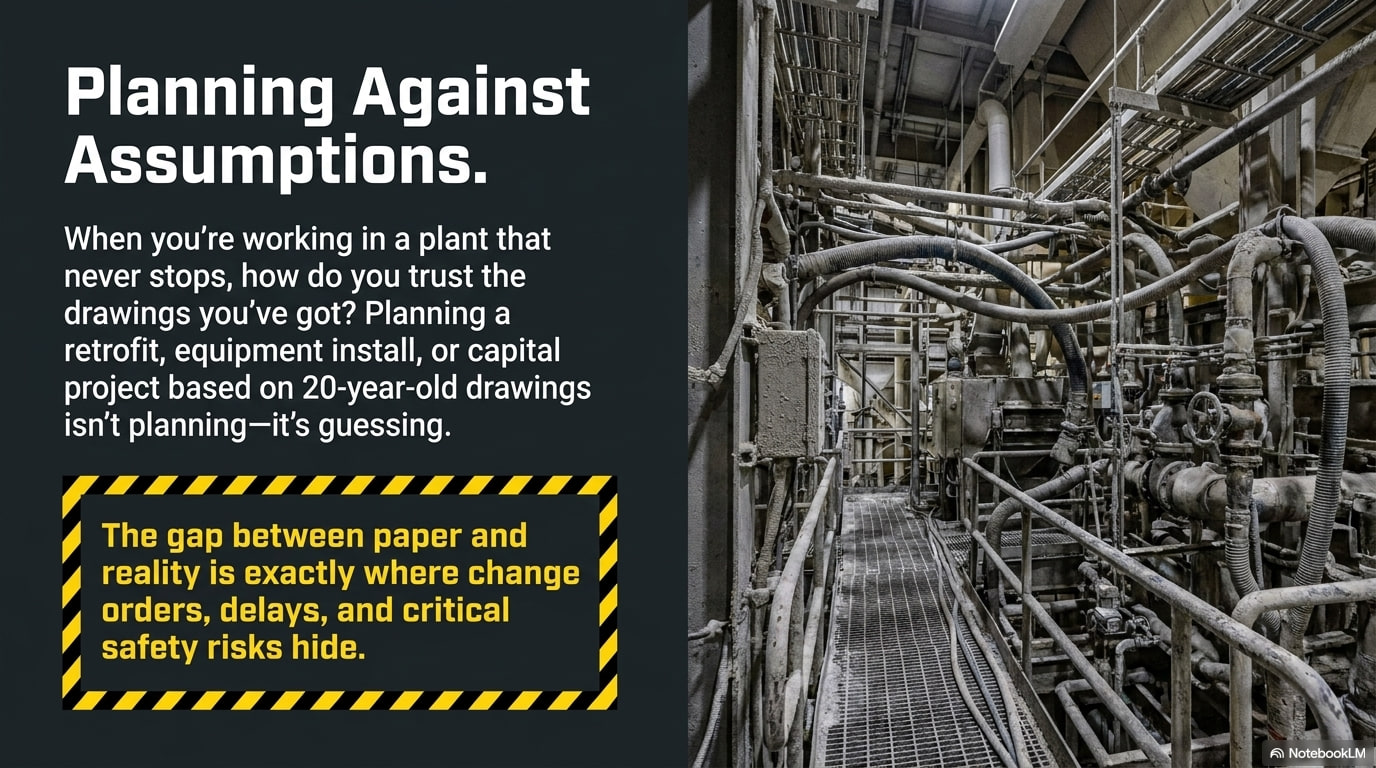 Planning against assumptions — relying on 20-year-old drawings for a retrofit, equipment install, or capital project is guessing, hiding change orders, delays, and safety risks.
