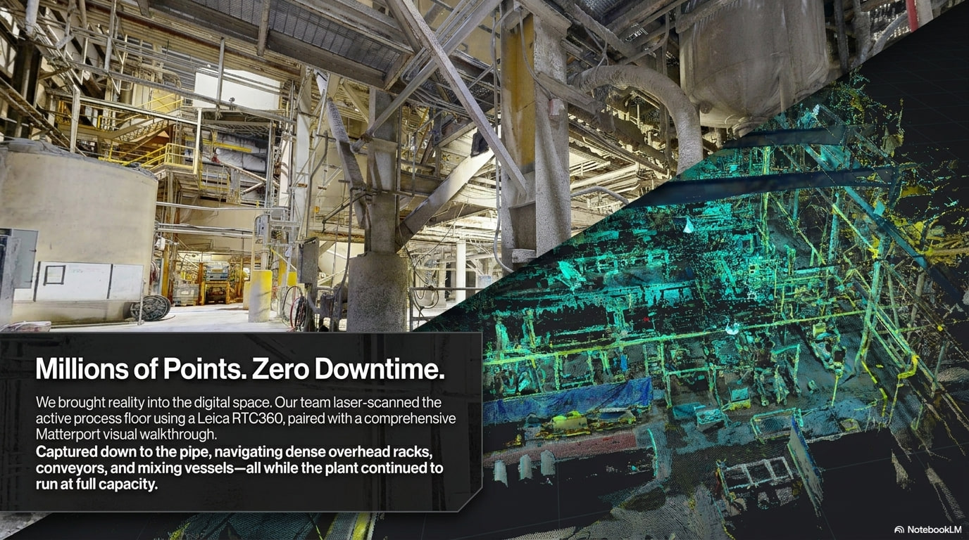 Millions of points, zero downtime — a dense green LiDAR point cloud of the active process area captured with a Leica RTC360 while the plant continued to run at full capacity.