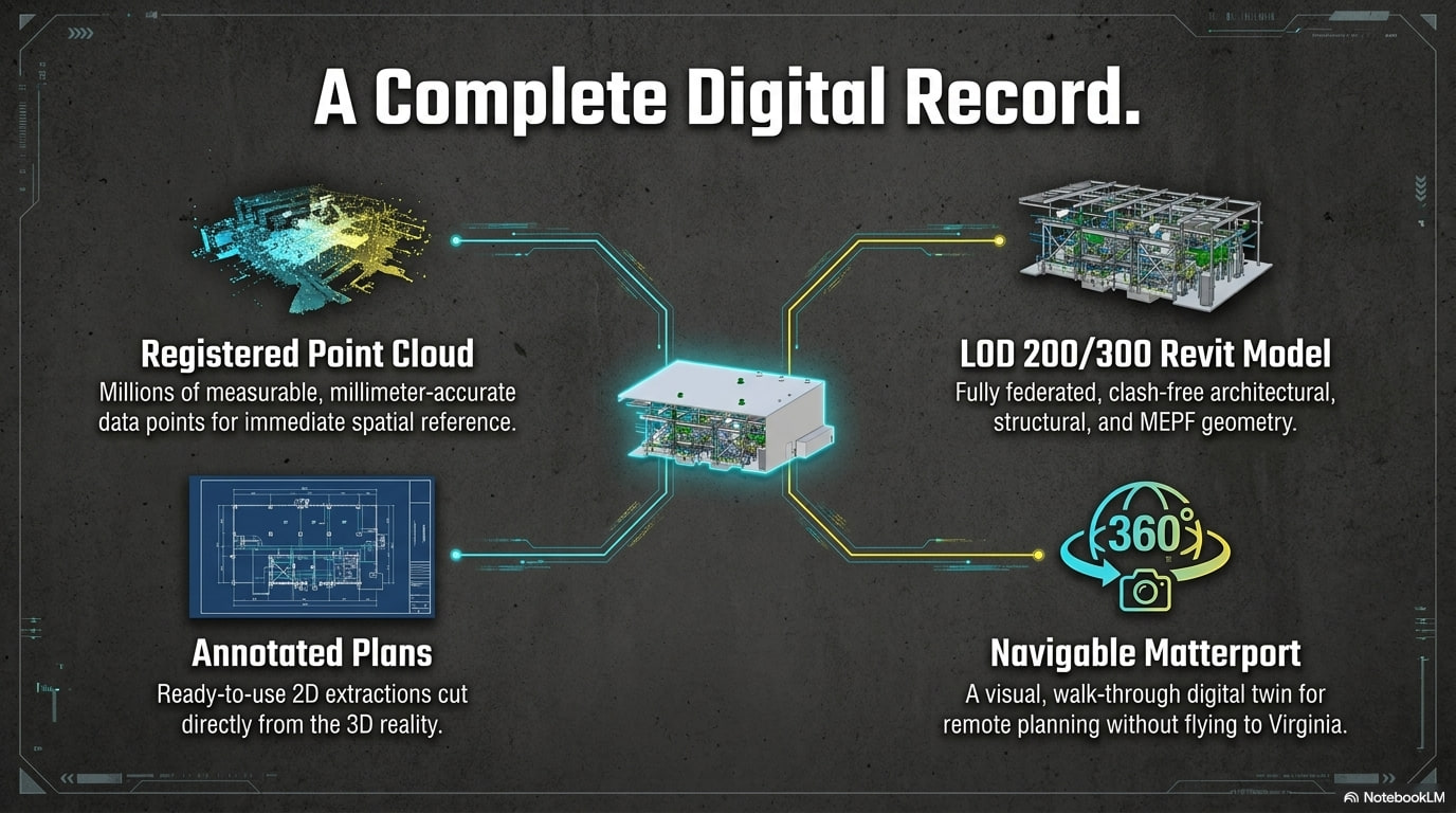 A complete digital record — registered point cloud and LOD 200/300 Revit model feeding annotated plans and a navigable Matterport digital twin.