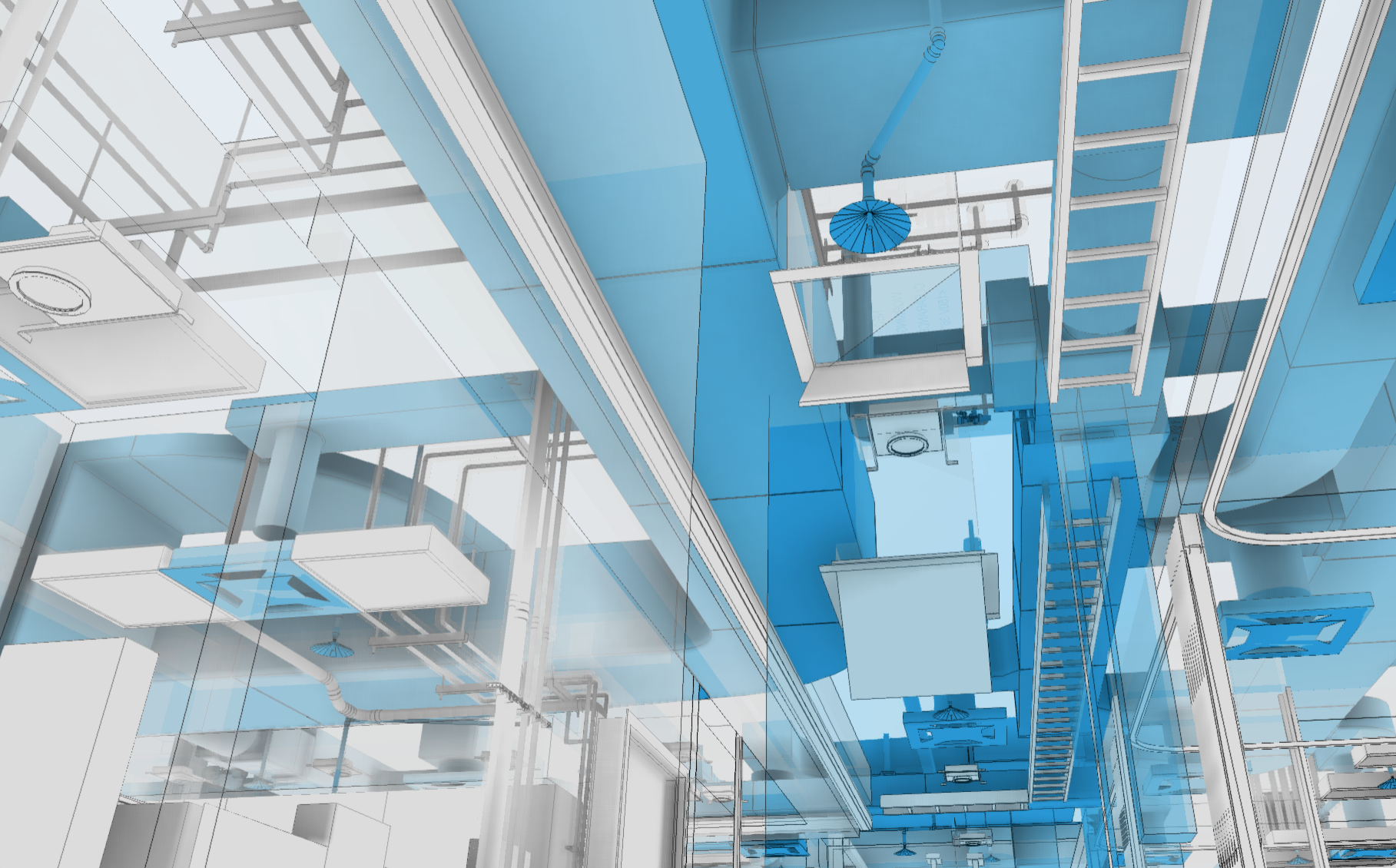 Interior perspective of the LOD 400 coordination model showing blue MEP systems routed through the ceiling plenum of the NYU Langone Patchogue Ambulatory Surgical Center, including ductwork, piping, and structural elements in the tight floor-to-floor height.