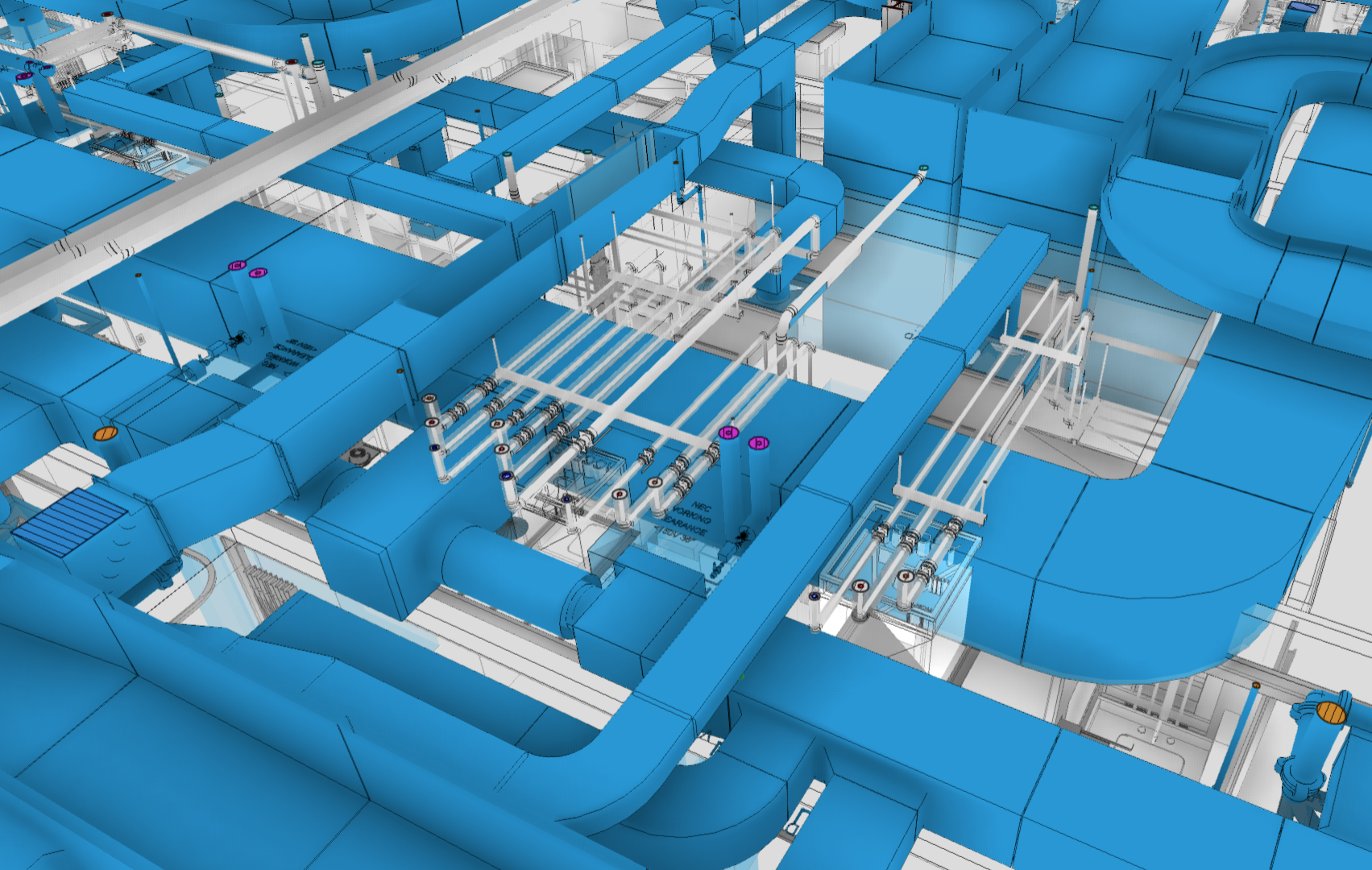 Close-up 3D BIM view of coordinated ductwork and pipe runs in a tight ceiling plenum at the NYU Langone Patchogue surgery center, with blue HVAC ducts and white domestic-water piping sharing a constrained overhead space.