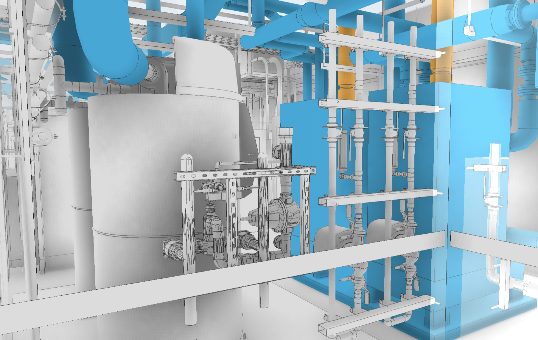Detailed BIM view of the mechanical room model at the NYU Langone Patchogue surgery center, showing coordinated blue piping, equipment connections, pumps, and support structure within the facility's MEP room.