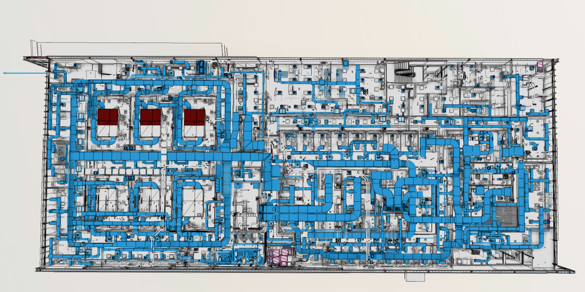 Top-down plumbing plan view of the NYU Langone Patchogue Ambulatory Surgical Center, showing the full extent of LOD 400 blue domestic-water and sanitary piping across both floors of the adaptive-reuse surgical facility.