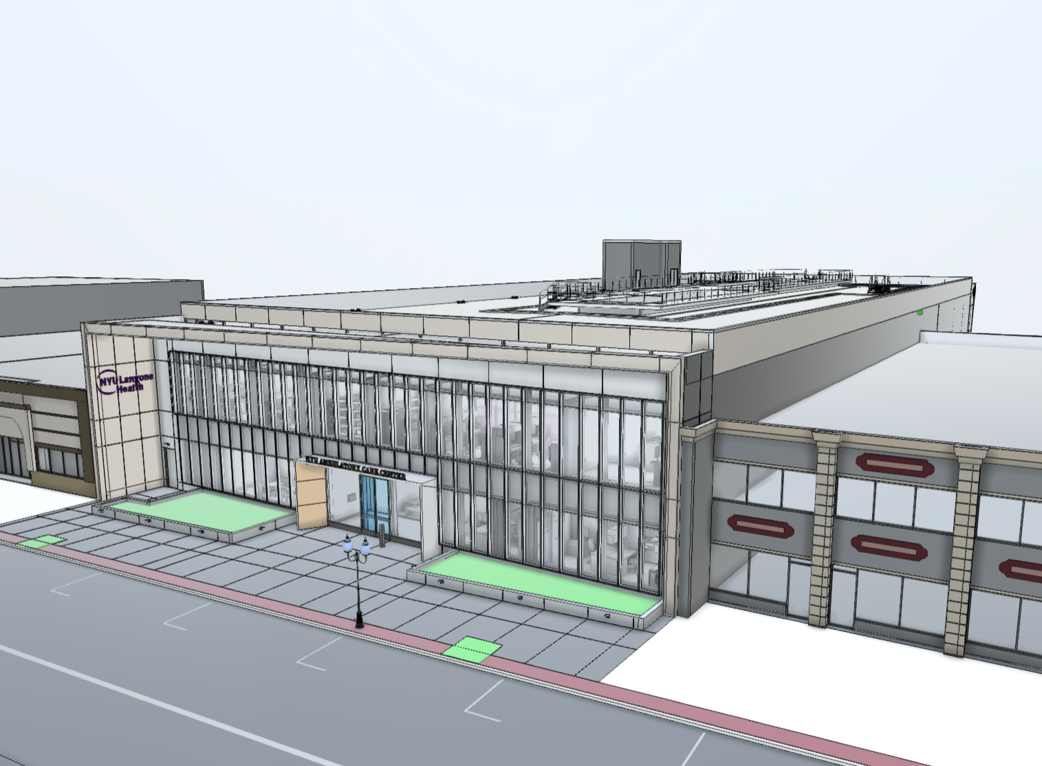 Aerial three-quarter view of the NYU Langone Patchogue Ambulatory Surgical Center model, showing the full building massing, the curtain-wall entrance facade, rooftop mechanical equipment, and adjacent structures.