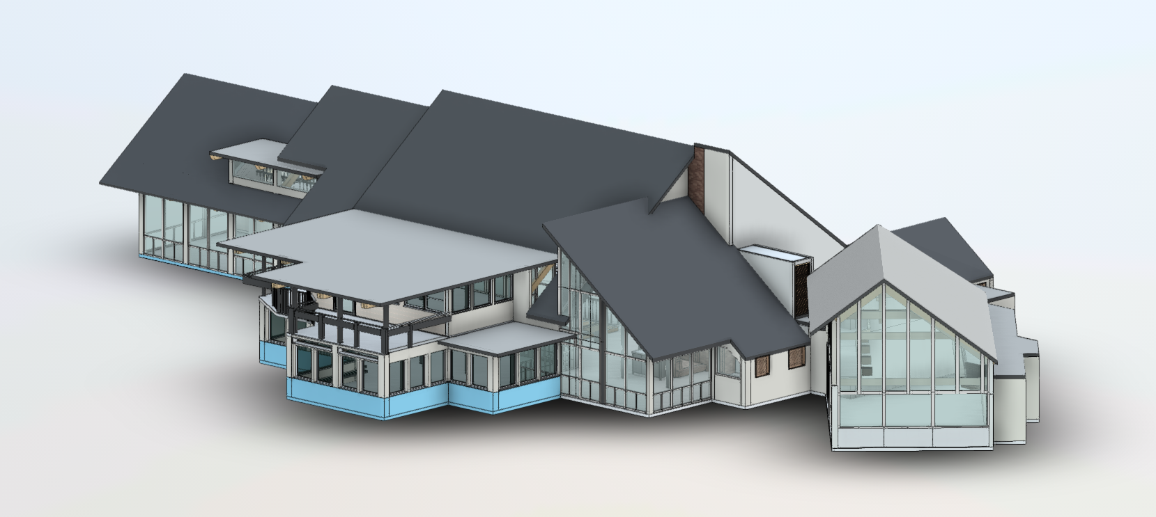 As-built LOD 400 model render of the full Sea Watch exterior, showing the connected building masses, gabled gray roofs, two-story glass curtain walls, and multi-level dining wings.