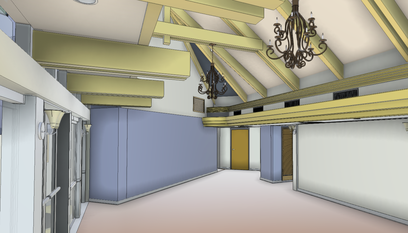 As-built LOD 400 model render of the same Sea Watch dining room, reconstructing the vaulted ceiling, exposed beams, wrought-iron chandeliers, and structural geometry.