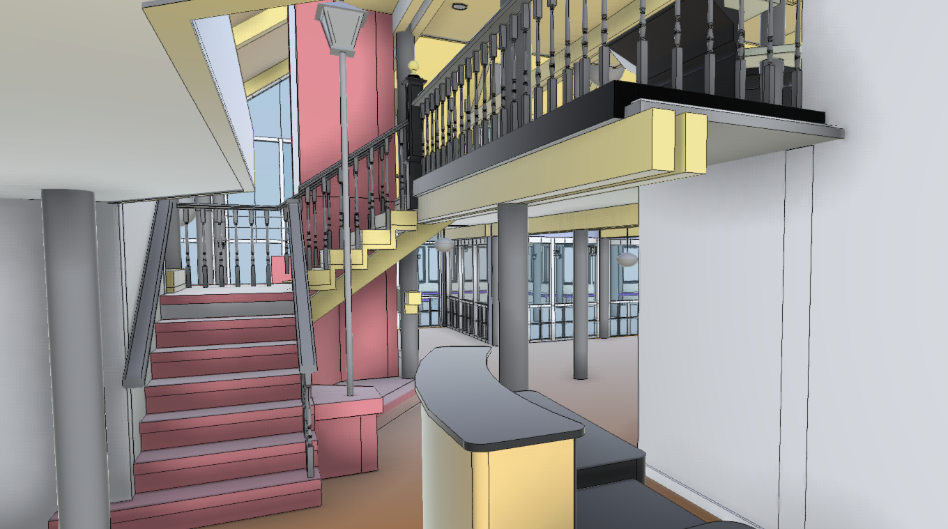 As-built LOD 400 model render of the Sea Watch lobby and open staircase, capturing the balcony railing, columns, and curved host stand in the as-built model.
