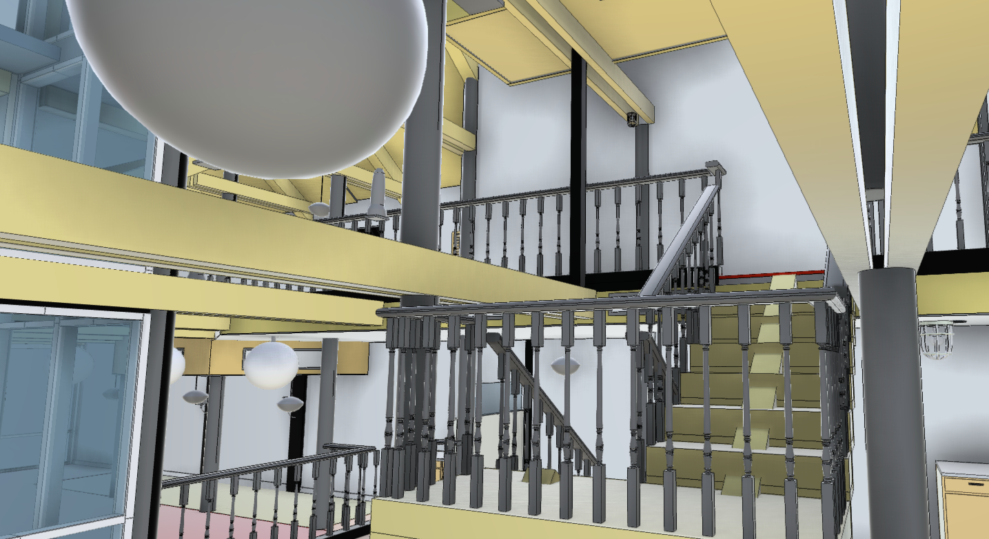 As-built LOD 400 model render of the Sea Watch upper-level railing and stair, reconstructing the turned balusters, columns, beams, and two-level balcony geometry.