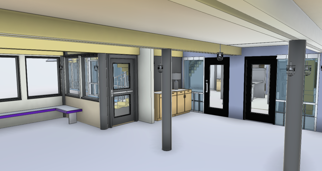As-built LOD 400 model render of the Sea Watch ground-floor dining area, reconstructing the structural columns, window-lined walls, built-in bench, doors, and ceiling framing.