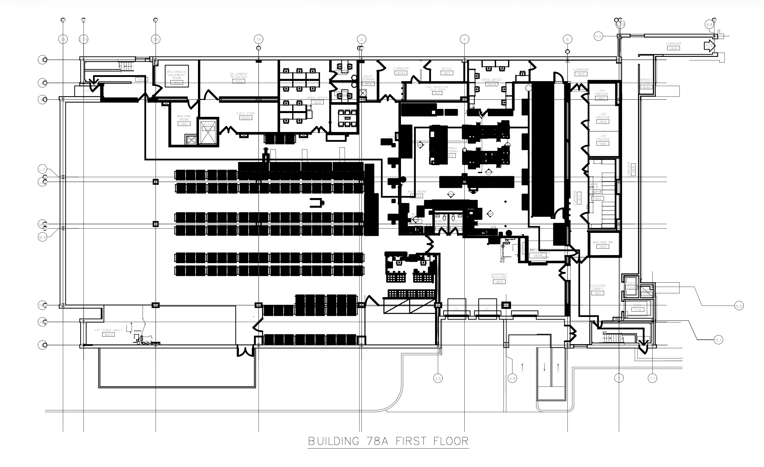 As-built first-floor plan of the Sea Watch restaurant produced from the scan-to-BIM model, showing dining and service area layouts, kitchen equipment, structural grid, and wall locations.