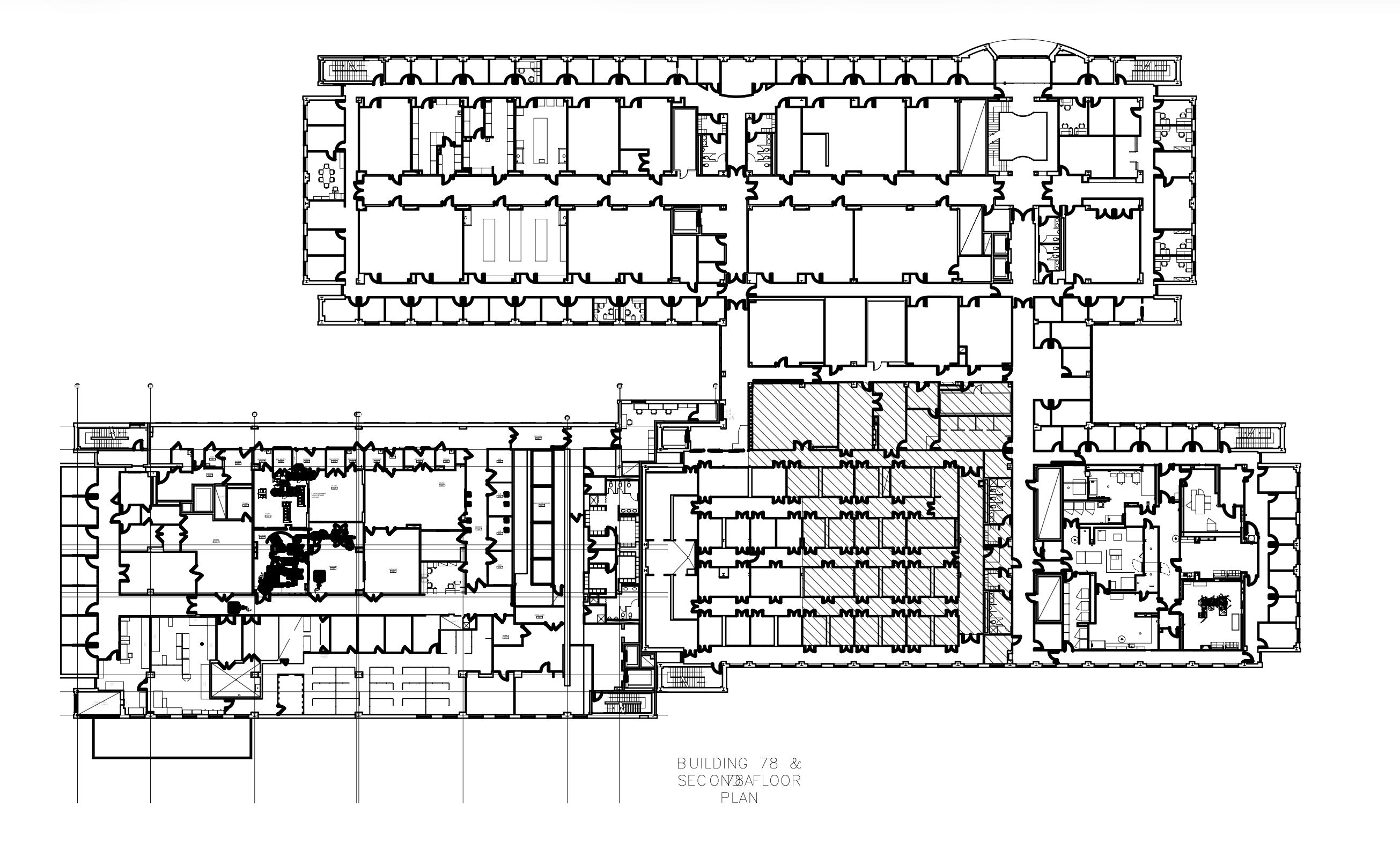 As-built second-floor plan of the Sea Watch restaurant produced from the scan-to-BIM model, showing the upper dining rooms, support spaces, structural grid, and wall locations.