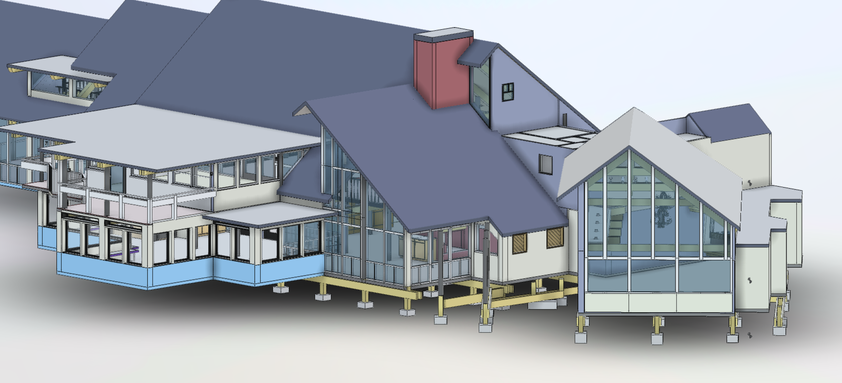 As-built LOD model render of the Sea Watch oceanfront restaurant, showing the connected building masses with gabled roofs, two-story glass curtain walls, brick chimney, and the elevated timber pile foundation.