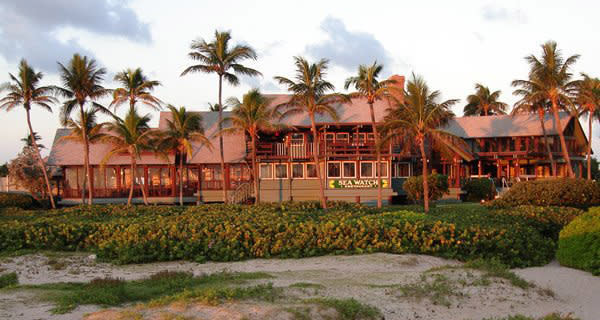 The Sea Watch on the Ocean restaurant at dusk, its two-story post-and-beam structure framed by palm trees and seagrape, with the lit 'Sea Watch' sign above the oceanfront dining deck.