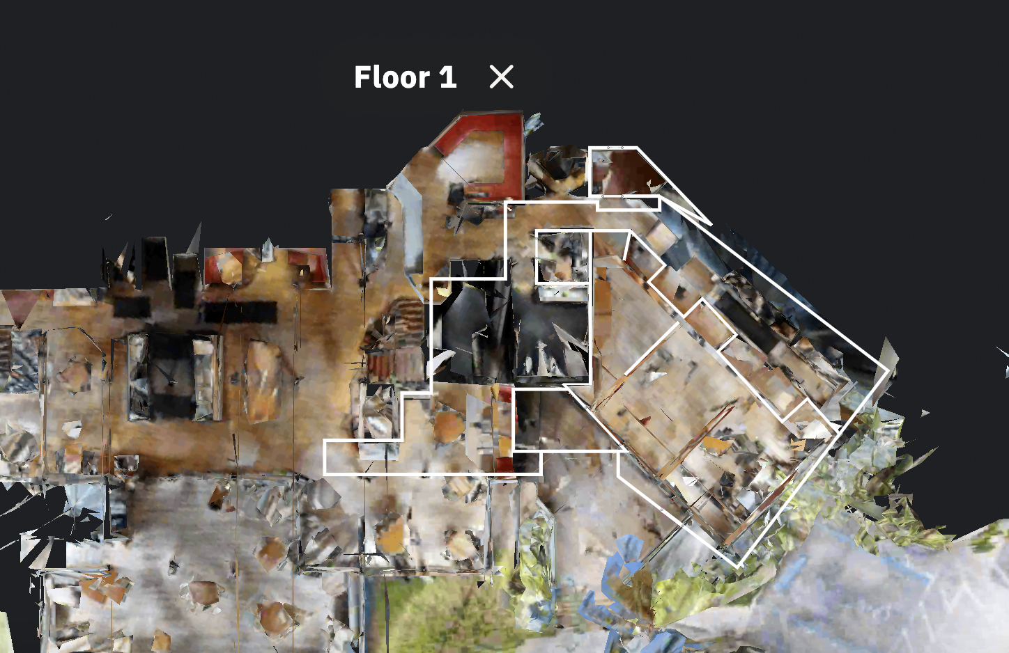 Matterport bird's-eye scan view of Sea Watch Floor 1, showing the full restaurant layout with photorealistic texture, structural walls, and room boundaries captured by 3D laser scan.
