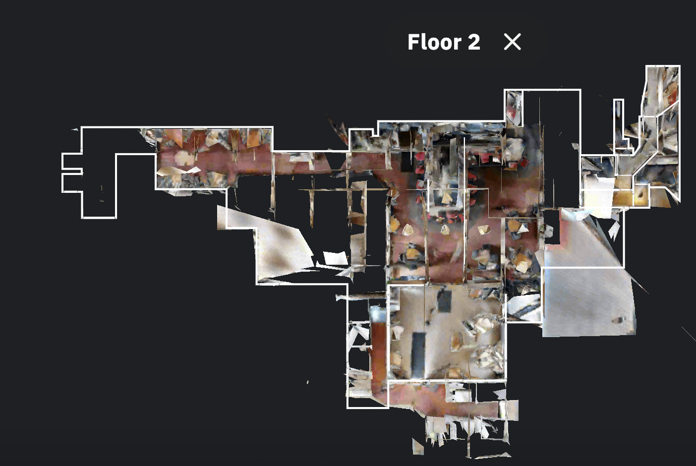 Matterport bird's-eye scan view of Sea Watch Floor 2, showing the upper-level dining layout, structural grid, and room boundaries captured by 3D laser scan.